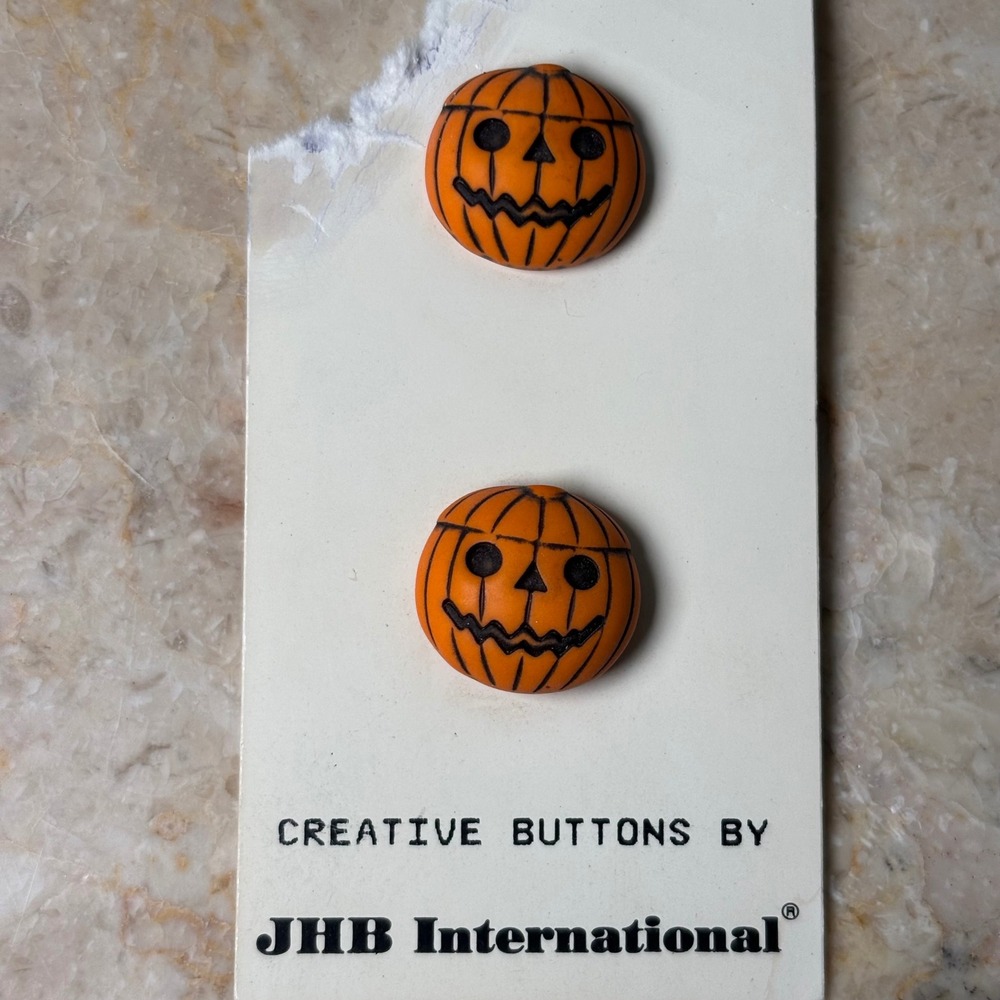 JHB International Pumpkin Buttons 3/4" Orange Jack O Lantern 2pc Made in France
